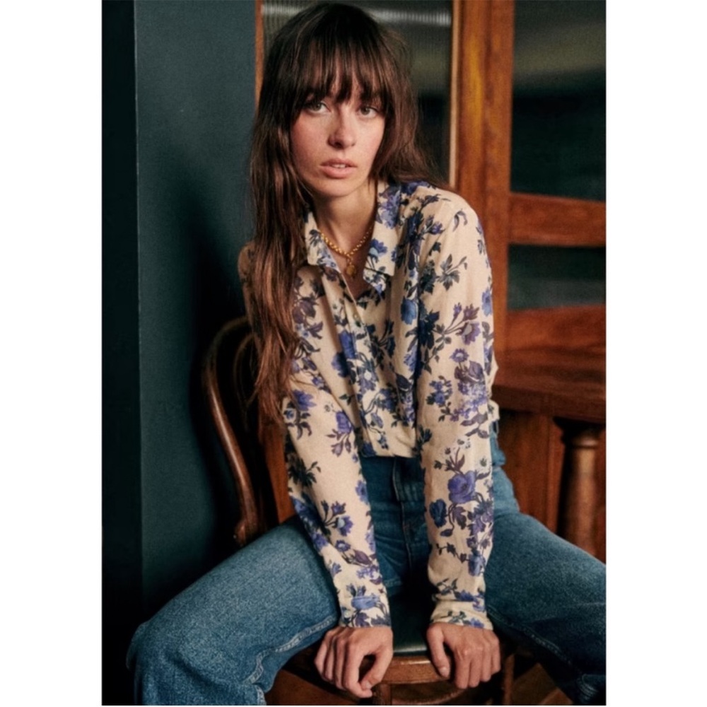 SEZANE NWT Blue & White Floral Printed Lightweight Silk Button Down Pierro Shirt - Picture 15 of 15